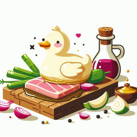 Illustration of a duck with ingredients for cooking on a white backgroundのイラスト素材