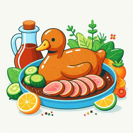 Vector illustration of a duck on a plate with vegetables and spices.のイラスト素材