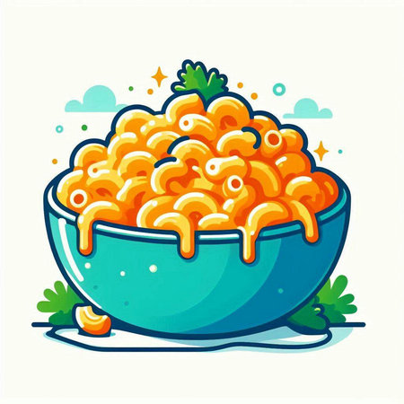 Illustration of a bowl of macaroni and cheese on a white backgroundのイラスト素材