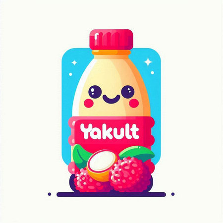Cute kawaii milk bottle with raspberries and lychee. Vector illustrationのイラスト素材