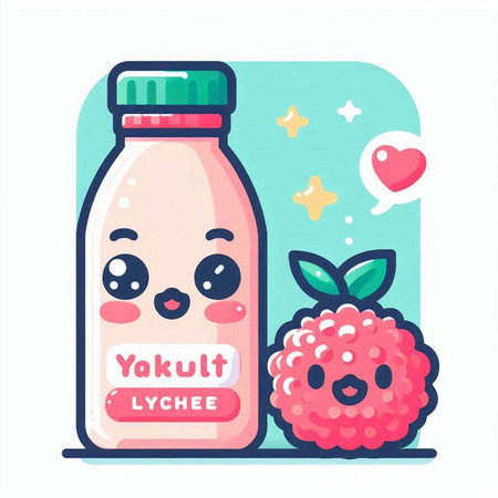 Cute cartoon bottle of milk with strawberry. Vector illustration in flat styleのイラスト素材