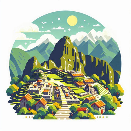 Village in the mountains. Hand drawn vector illustration. Vector illustration.のイラスト素材