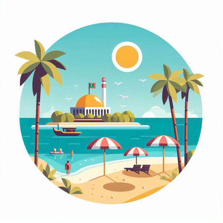 Tropical island with palm trees, beach and lighthouse. Vector illustration.のイラスト素材