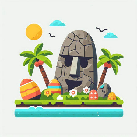 Cartoon island with palm trees, rocks and eggs. Vector illustrationのイラスト素材