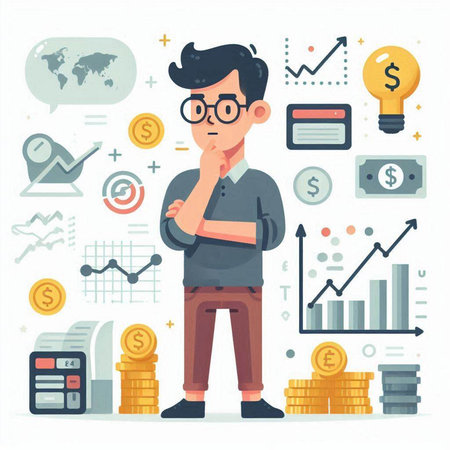 Businessman thinking about money. Vector illustration in flat cartoon style.のイラスト素材