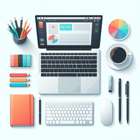 Flat design vector illustration concept of office desk with laptop, keyboard, mouse, coffee cup, stationery, notebook, pencils, pen, tablet.のイラスト素材