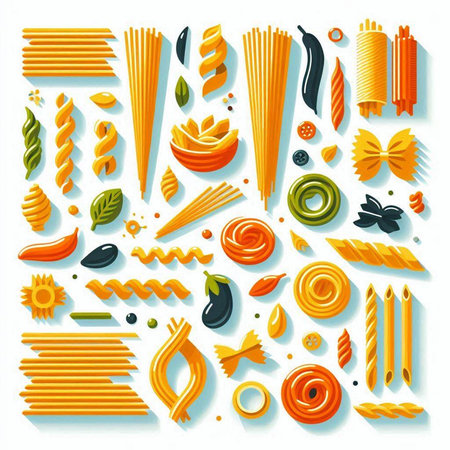 Different types and shapes of Italian pasta. Colorful flat vector illustration.のイラスト素材
