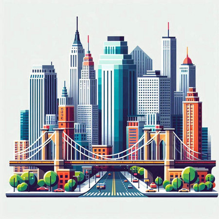 Vector illustration of the cityscape with a bridge and skyscrapersのイラスト素材