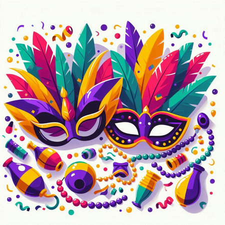 Mardi Gras party background with colorful carnival masks and beads. Vector illustration.のイラスト素材