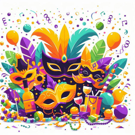 Mardi Gras party background with carnival masks and confetti. Vector illustration.のイラスト素材