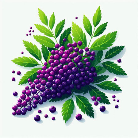 Bunch of ripe black elderberry with green leaves. Vector illustration.のイラスト素材
