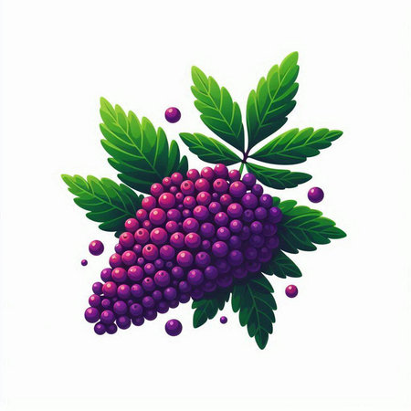 Bunch of ripe grapes with leaves isolated on white background. Vector illustration.のイラスト素材