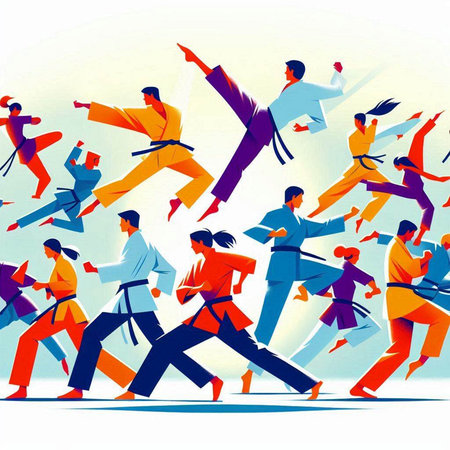 Taekwondoial arts. Vector illustration of a group of people practicing martial arts.のイラスト素材