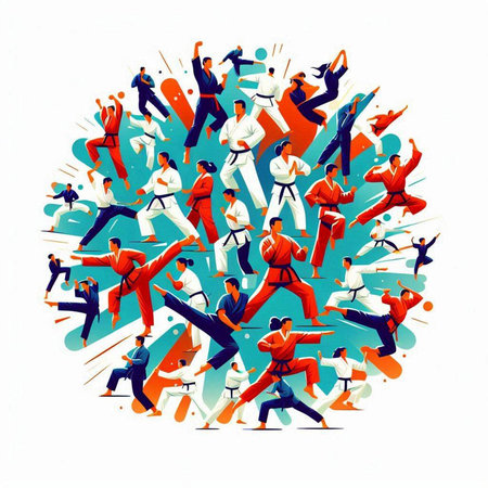 Vector illustration of a group of people practicing karate in a circle.のイラスト素材