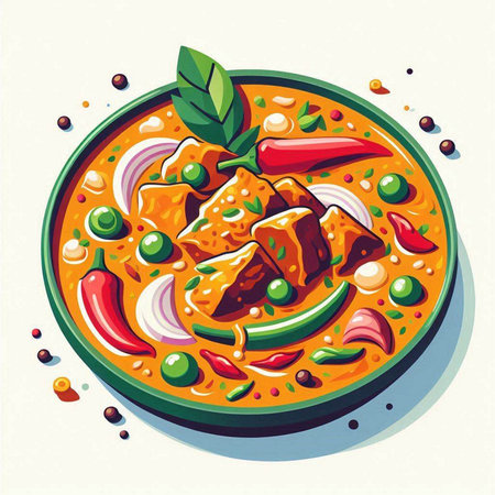 Thai food, spicy curry with chicken in bowl vector illustration.のイラスト素材
