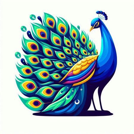 Peacock with bright colorful feathers on a white background. Vector illustration.のイラスト素材