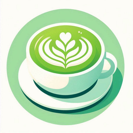 Green tea cup with heart pattern on the top. Vector illustration.のイラスト素材