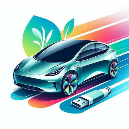 Electric car and charging cable on a colorful background. Vector illustration.のイラスト素材
