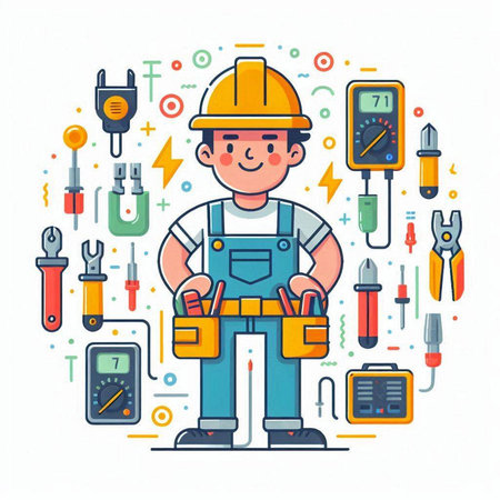 Repairman with tools and equipment. Vector illustration in flat styleのイラスト素材