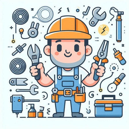 Cute cartoon man in working clothes with tools. Vector illustration.のイラスト素材