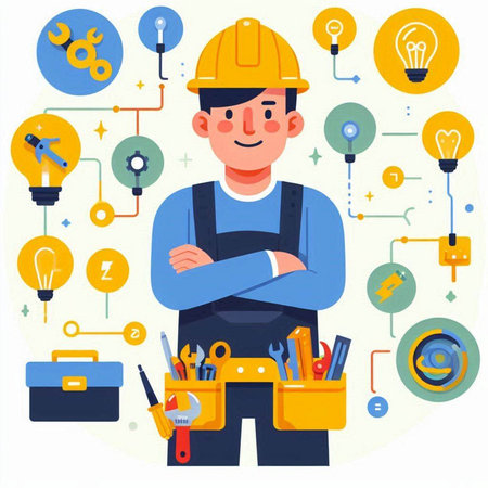 Worker in hardhat with tools. Vector illustration in flat styleのイラスト素材