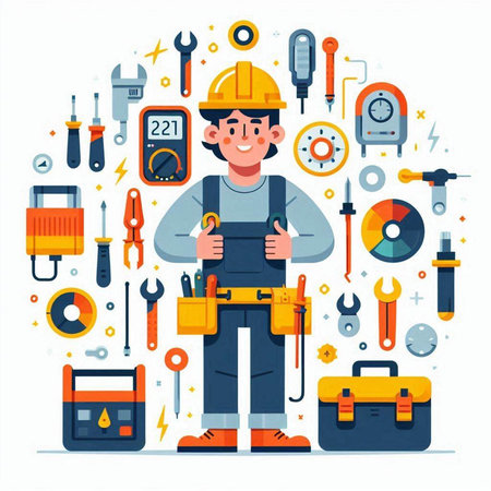 Repairman with tools. Vector illustration in flat cartoon style.のイラスト素材