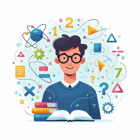 Vector illustration of young man with book and science icons around him.のイラスト素材