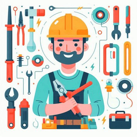 Repairman with tools and instruments. Vector illustration in flat styleのイラスト素材