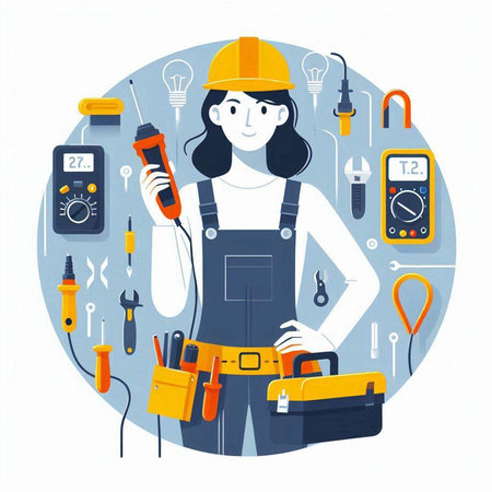 Female electrician with tools. Vector illustration in a flat style.のイラスト素材