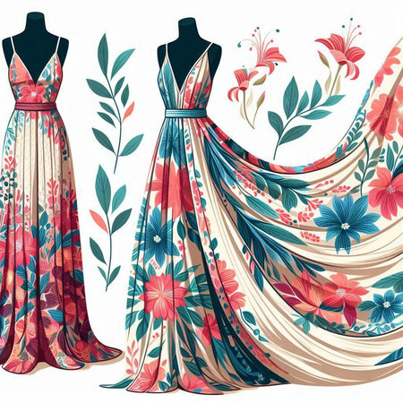 Wedding dress with floral pattern on mannequin. Vector illustration.のイラスト素材