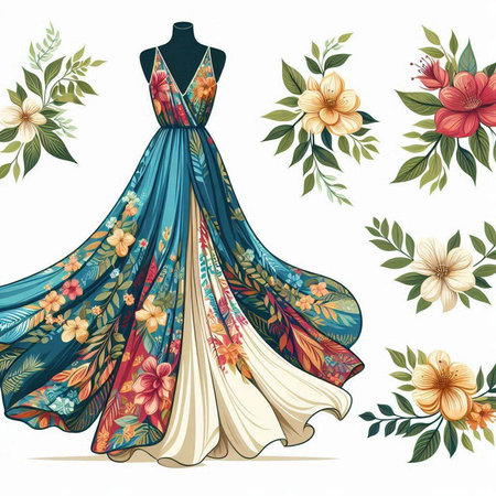 Wedding dress design with floral pattern. Vector fashion illustration.のイラスト素材