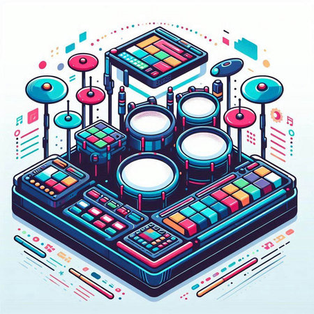 Vector isometric illustration of a drum kit with different colors and accessories.のイラスト素材