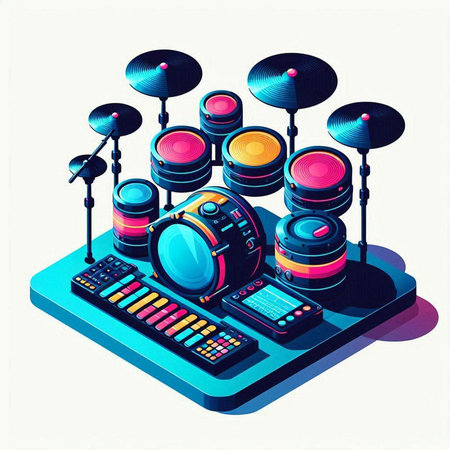 Electronic music equipment isometric composition with dj mixer and drum kit vector illustrationのイラスト素材