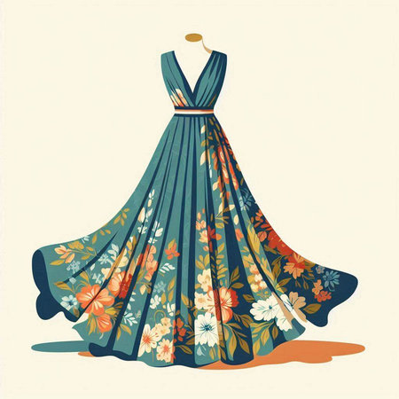 wedding dress with floral pattern, vector illustration in retro styleのイラスト素材