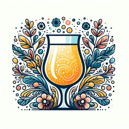 Hand drawn vector illustration of a glass of cocktail decorated with floral elements.のイラスト素材