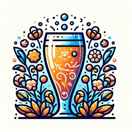 Colorful vector illustration of a glass of beer with floral ornament.のイラスト素材