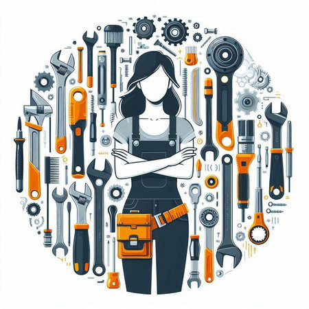 Female worker in overalls with crossed arms standing in circle of tools. Vector illustrationのイラスト素材