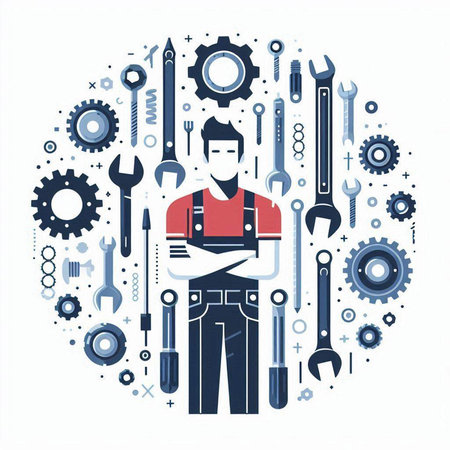 Repairman. Vector illustration in a circle with gears and wrenches.のイラスト素材