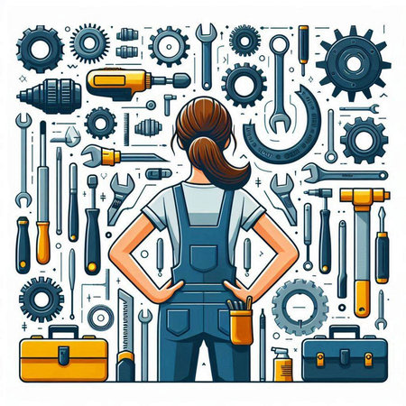Vector industrial illustration with woman in overalls standing with crossed arms on white background.のイラスト素材