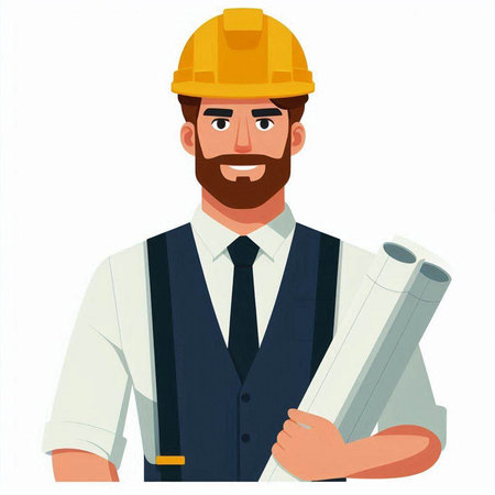Architect in hardhat holding blueprint. Vector illustration in cartoon styleのイラスト素材