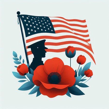 American flag with a silhouette of a soldier and poppies.のイラスト素材