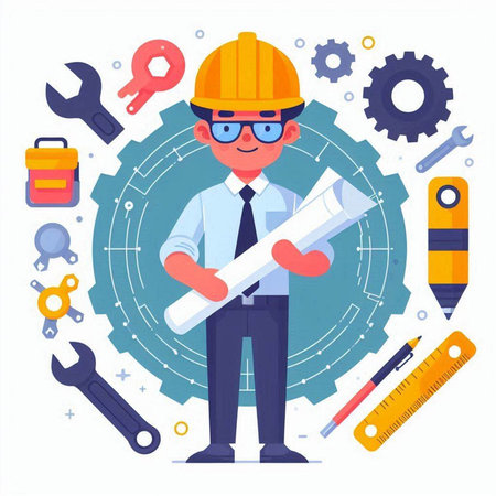 Engineer man with construction tools. Vector illustration in flat style.のイラスト素材