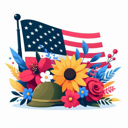 American flag, flowers and hat. Vector illustration in a flat style.のイラスト素材