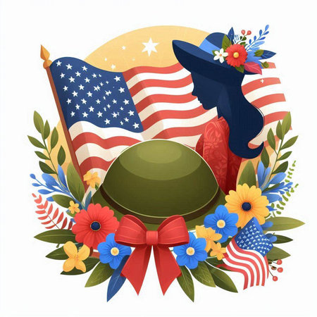 Patriotic wreath with a hat and flowers. Vector illustration.のイラスト素材