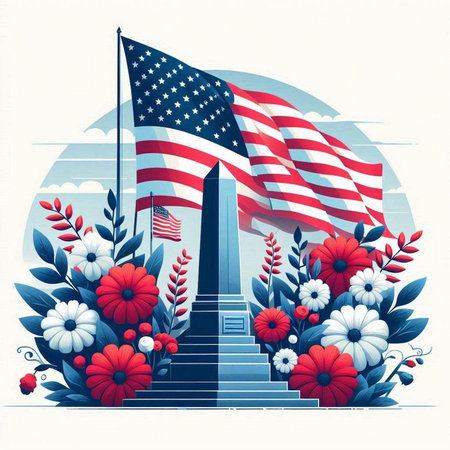 American flag with flowers and leaves on the stairs. Vector illustration.のイラスト素材