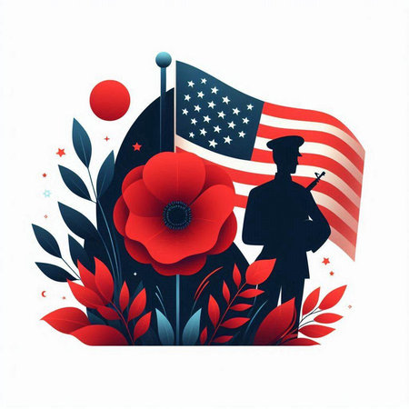 American flag with soldier and red poppies. Vector illustration.のイラスト素材