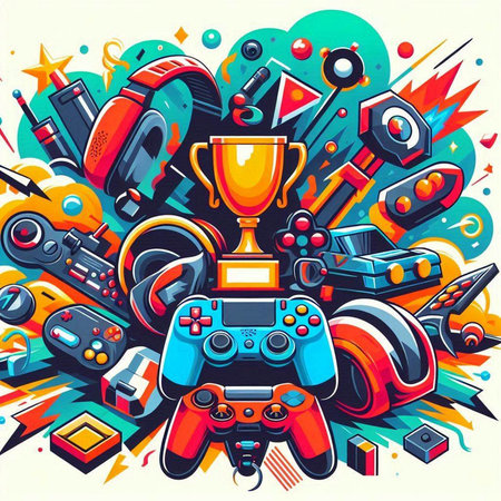 Retro videogame background with joystick and trophy. Vector illustration.のイラスト素材