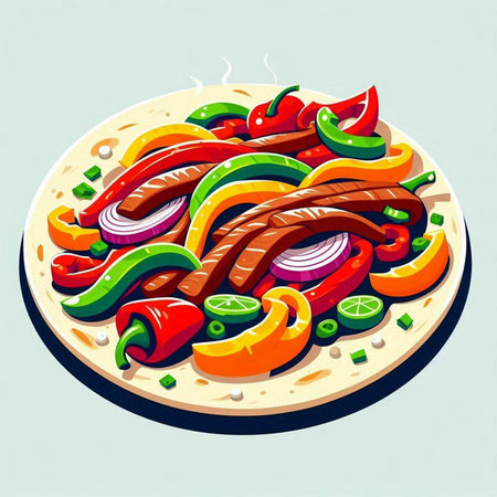 Pizza with meat and vegetables. Vector illustration in cartoon style.のイラスト素材