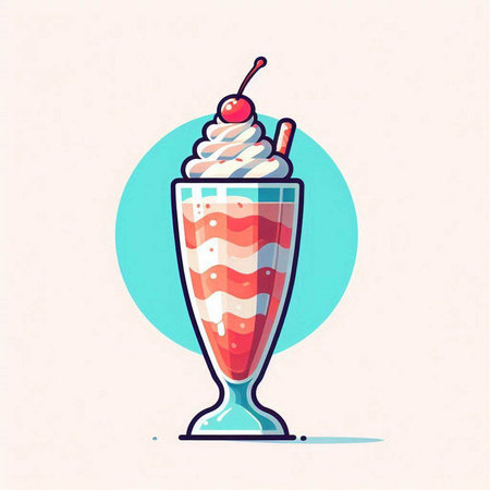 Vector illustration of milkshake with whipped cream and cherry in a glassのイラスト素材