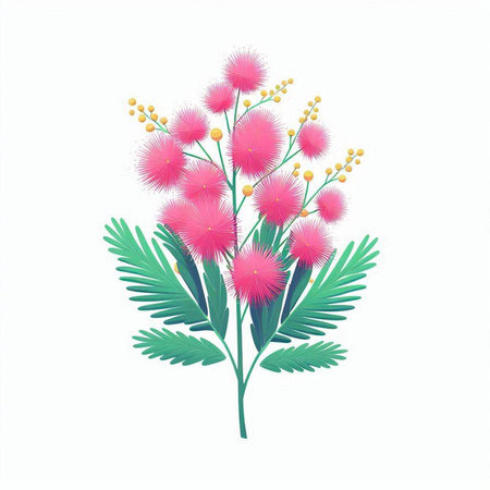 gorgeous pink mimosa flowers isolated on white background, vector illustrationのイラスト素材